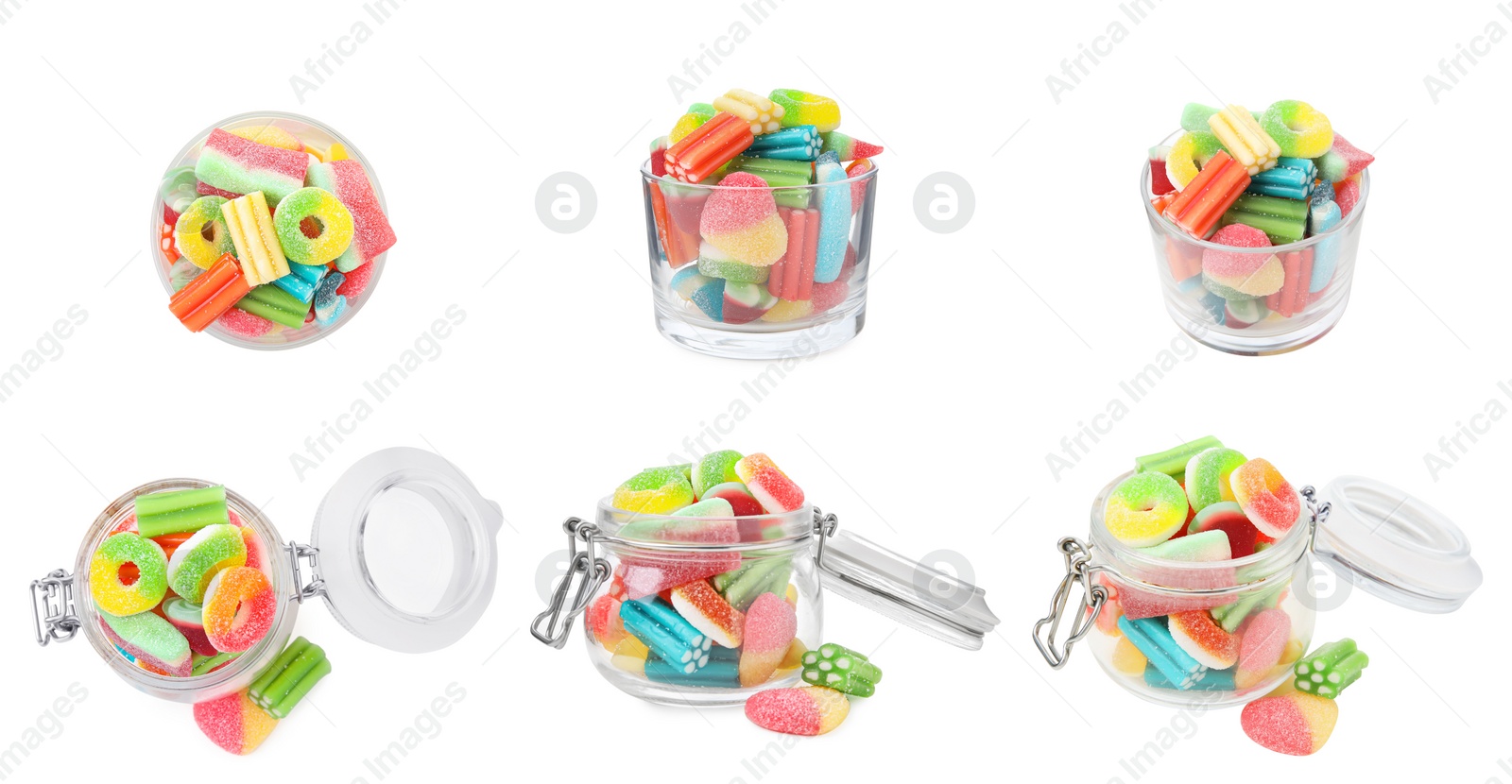 Image of Collage with glass and jar of tasty jelly candies on white background, different sides