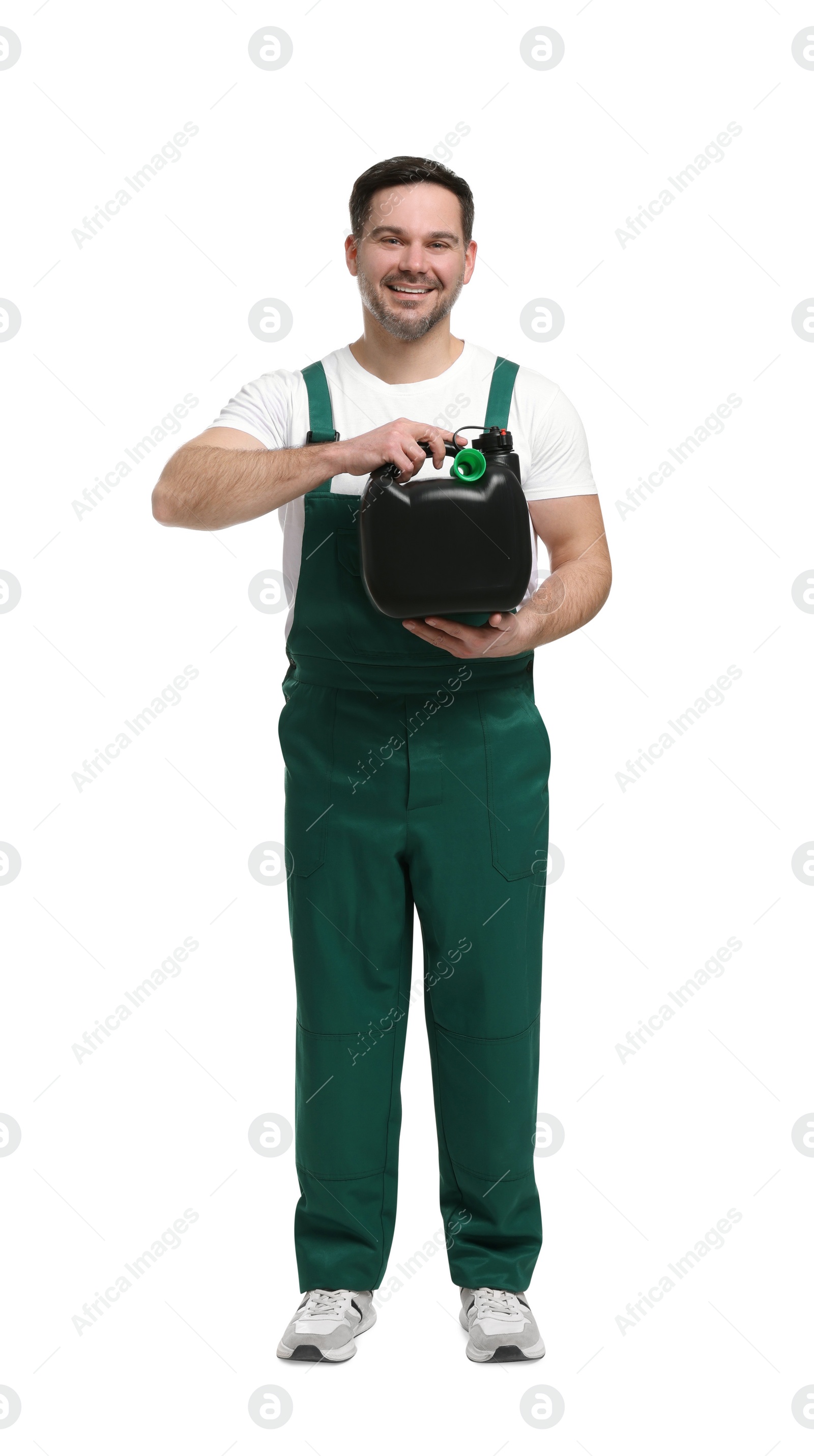 Photo of Man holding black canister on white background