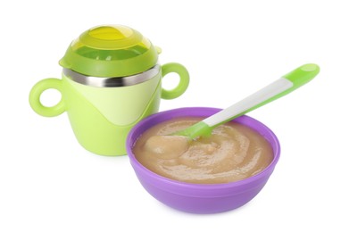 Photo of Healthy baby food in bowl and drink on white background