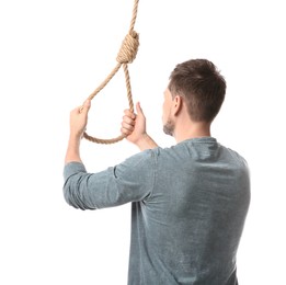 Photo of Man with rope noose on white background, back view
