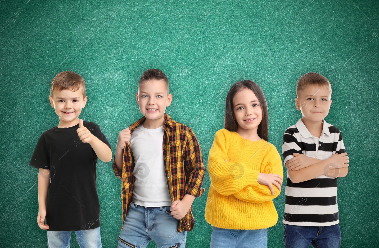 Image of Group of cute school children and chalkboard on background