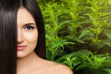 Image of Natural hair care. Beautiful young woman and green stinging nettles