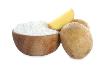 Photo of Wooden bowl with starch and fresh potatoes on white background