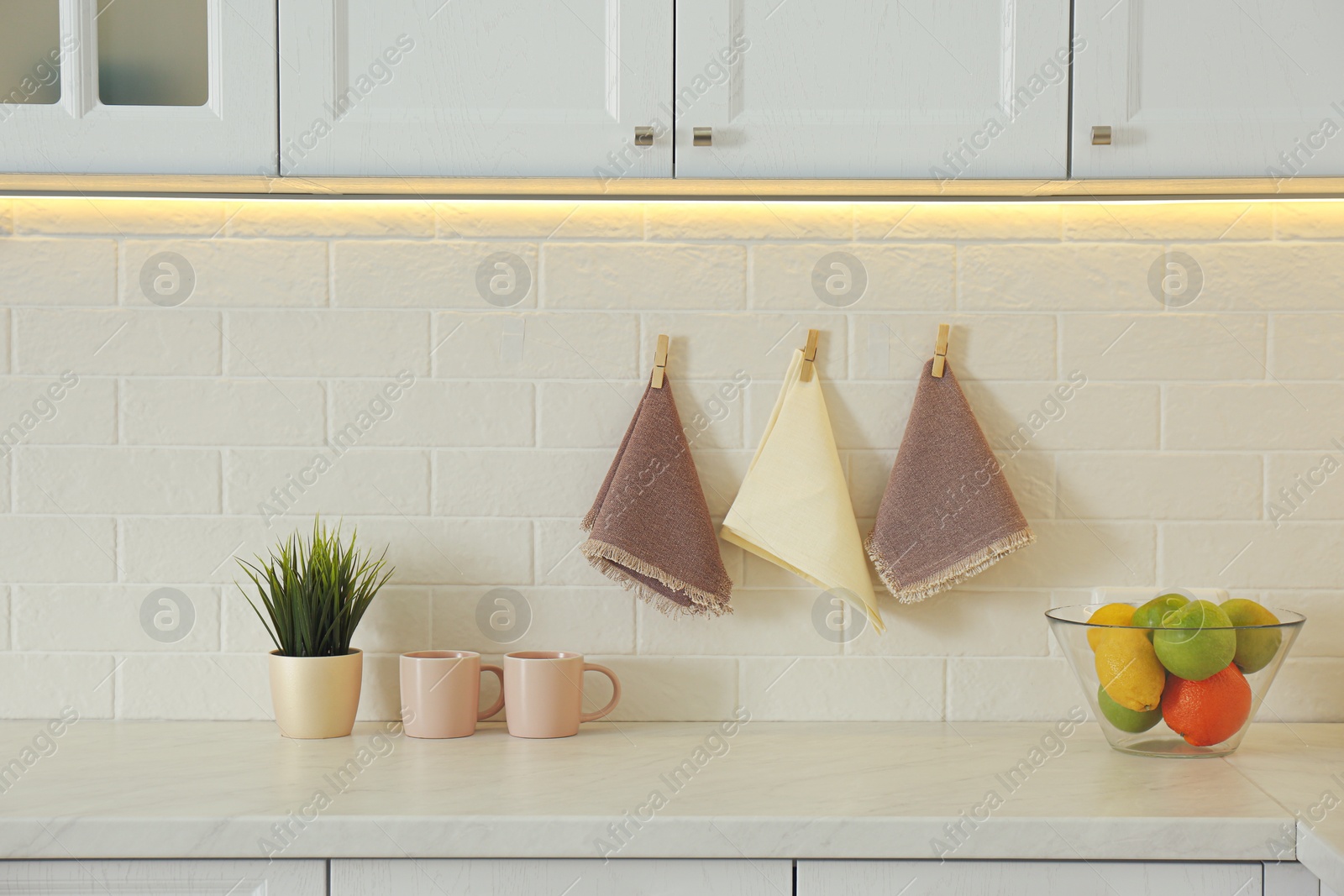 Photo of Ripe fruits, houseplant and kitchen items on countertop indoors