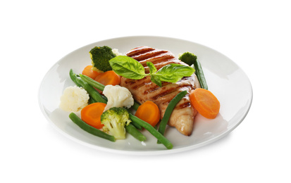 Photo of Tasty grilled chicken fillet with green basil and vegetables isolated on white