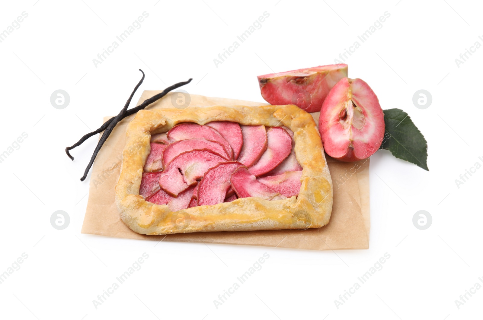 Photo of Delicious galette with apples and vanilla sticks isolated on white