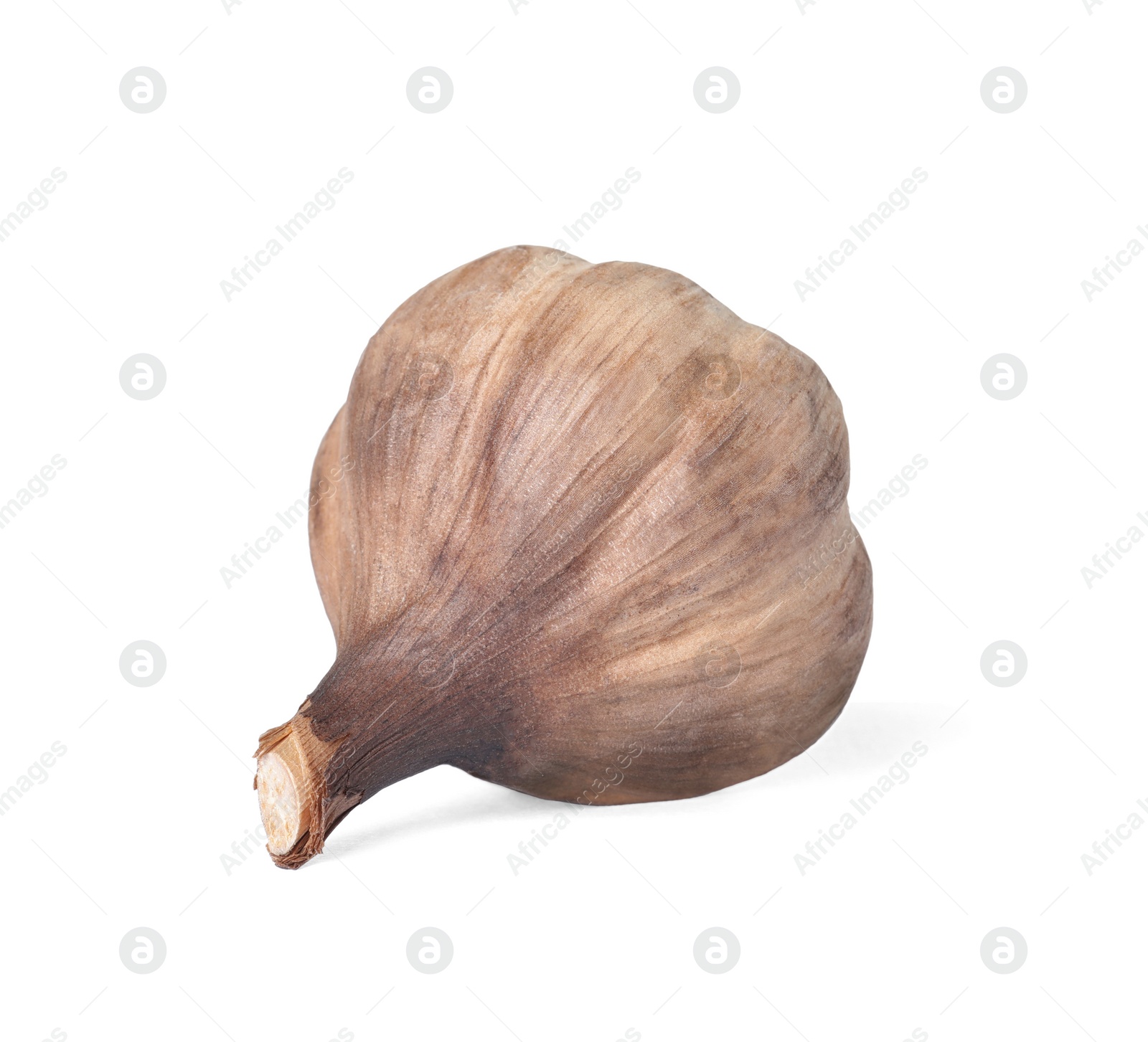 Photo of Unpeeled bulb of black garlic on white background