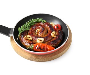 Pan with delicious homemade sausage, garlic, tomato, rosemary and chili isolated on white