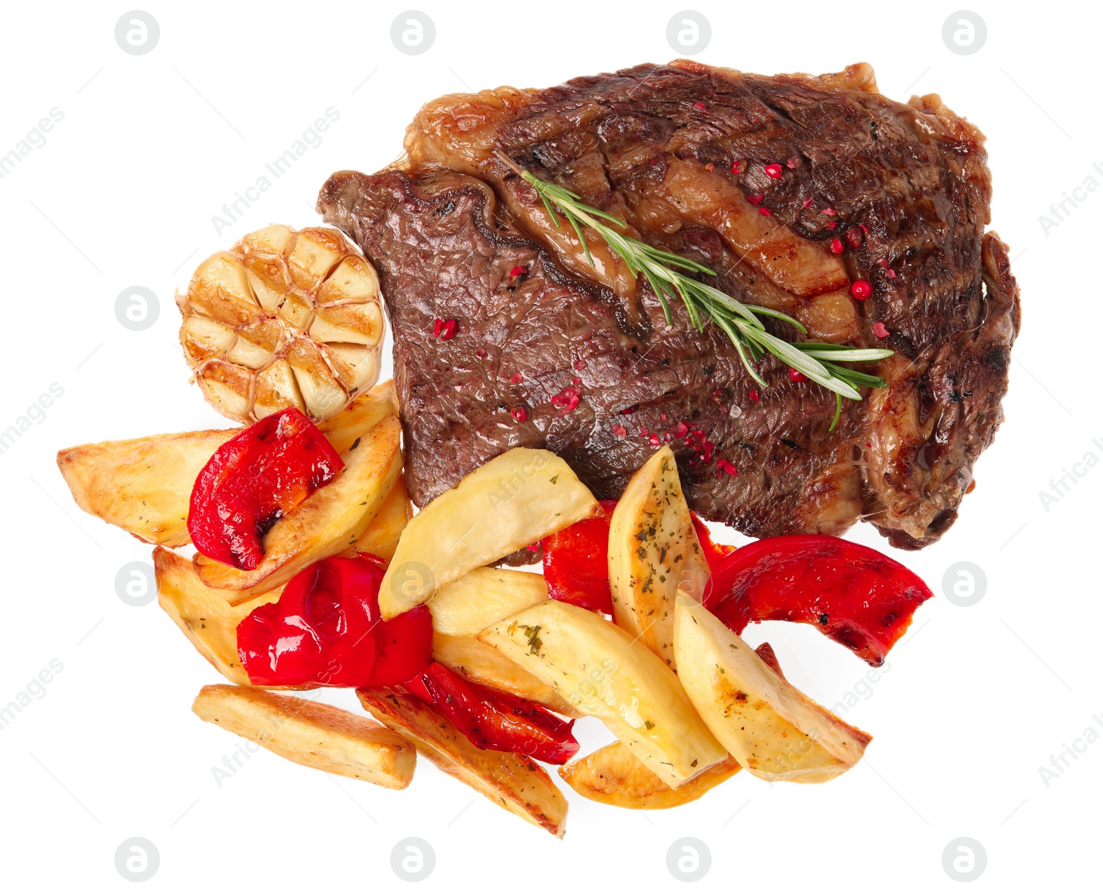 Photo of Delicious grilled beef steak and vegetables isolated on white, top view