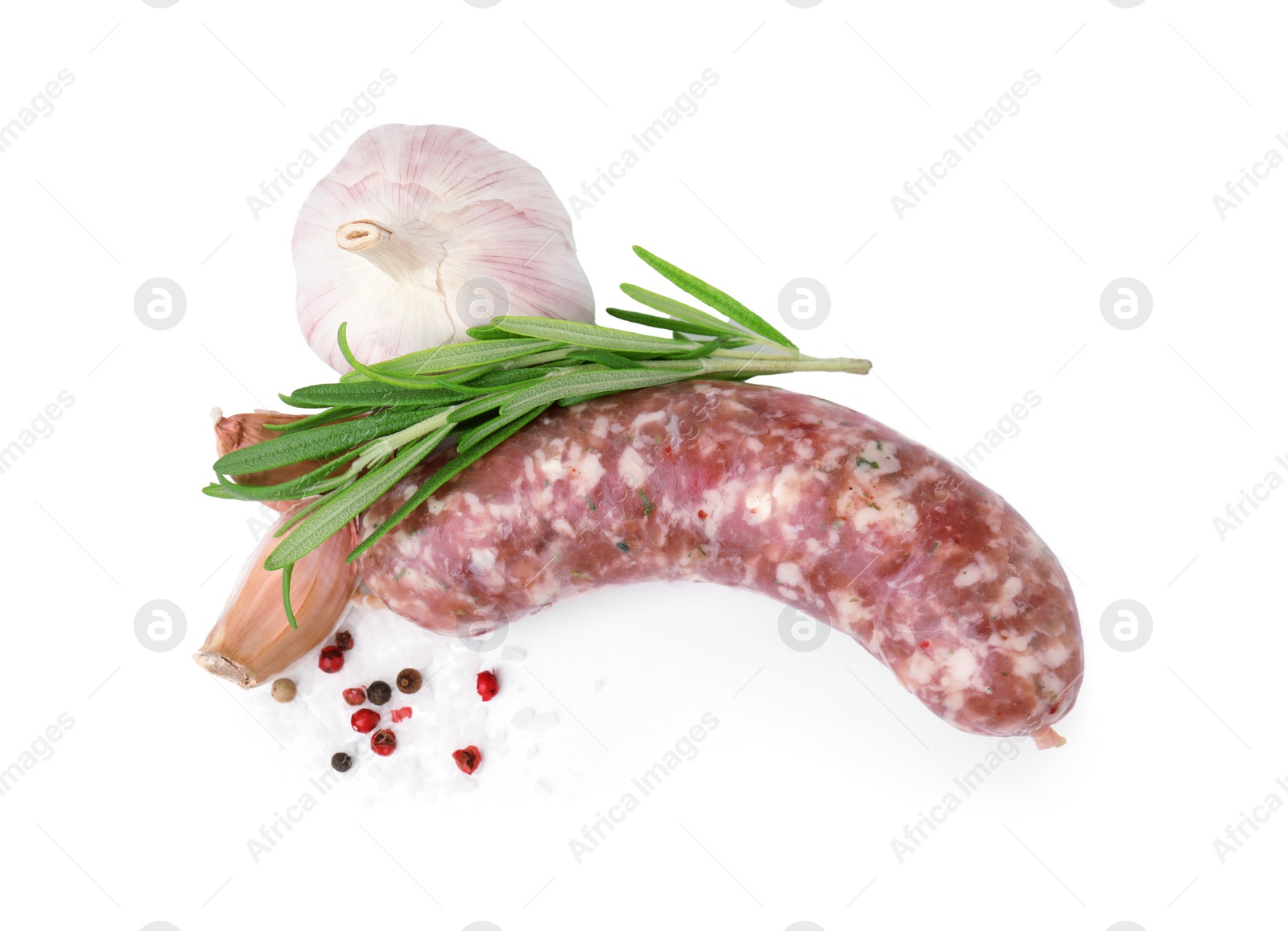 Photo of Raw homemade sausage and different spices isolated on white, top view