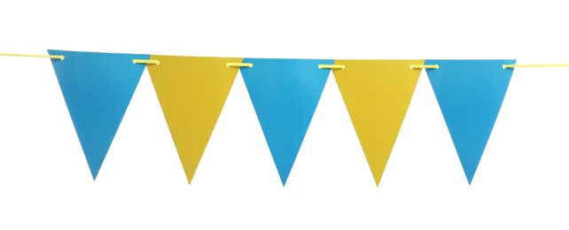 Triangular bunting flags on white background. Festive decor