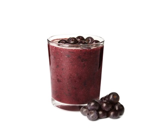 Photo of Glass with delicious acai smoothie on white background