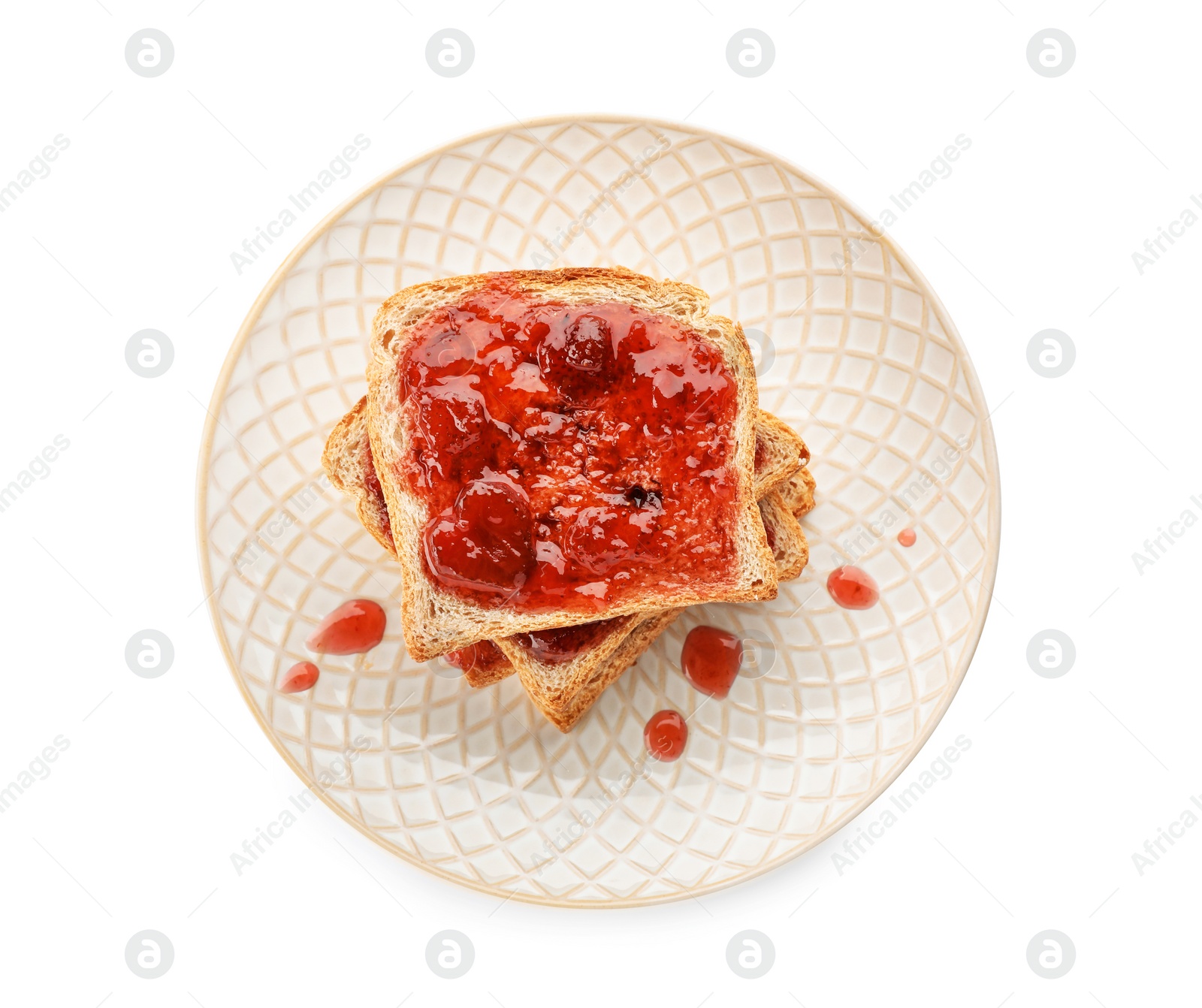 Photo of Toasts with jam on plate, isolated on white