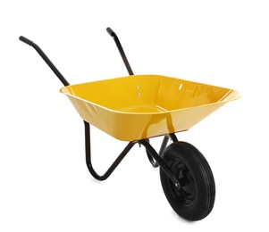 Photo of Color wheelbarrow isolated on white. Gardening tool