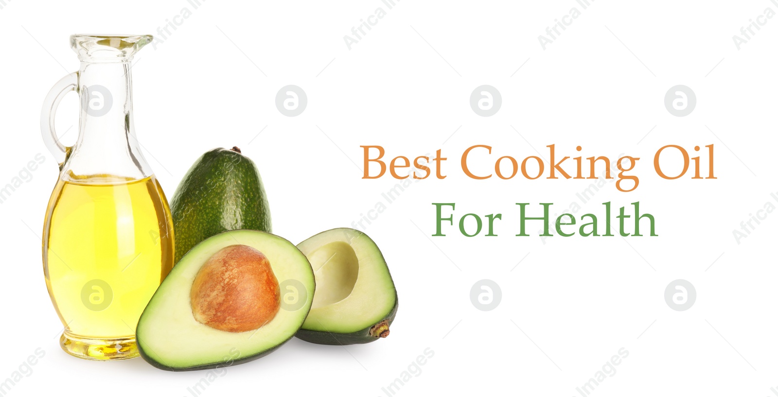 Image of Avocado oil as best cooking oil for health. Text and product on white background