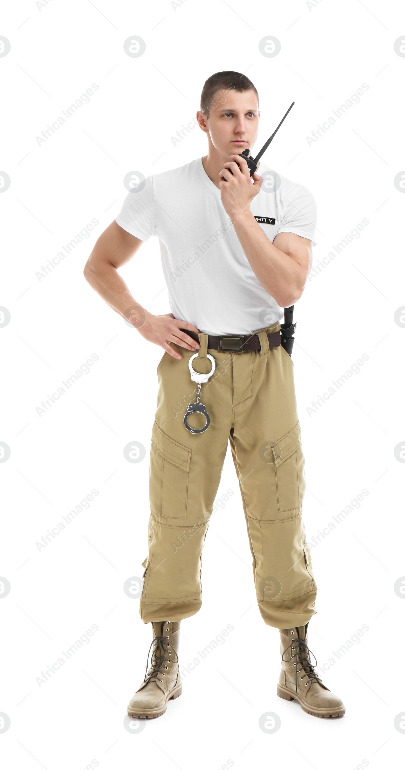 Photo of Male security guard using portable radio transmitter on white background