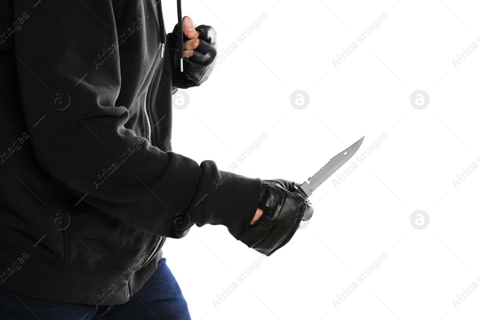 Photo of Man with knife on white background, closeup. Dangerous criminal