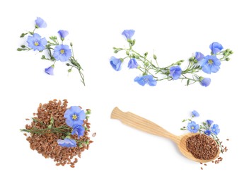 Set with flax seeds and flowers on white background, top view