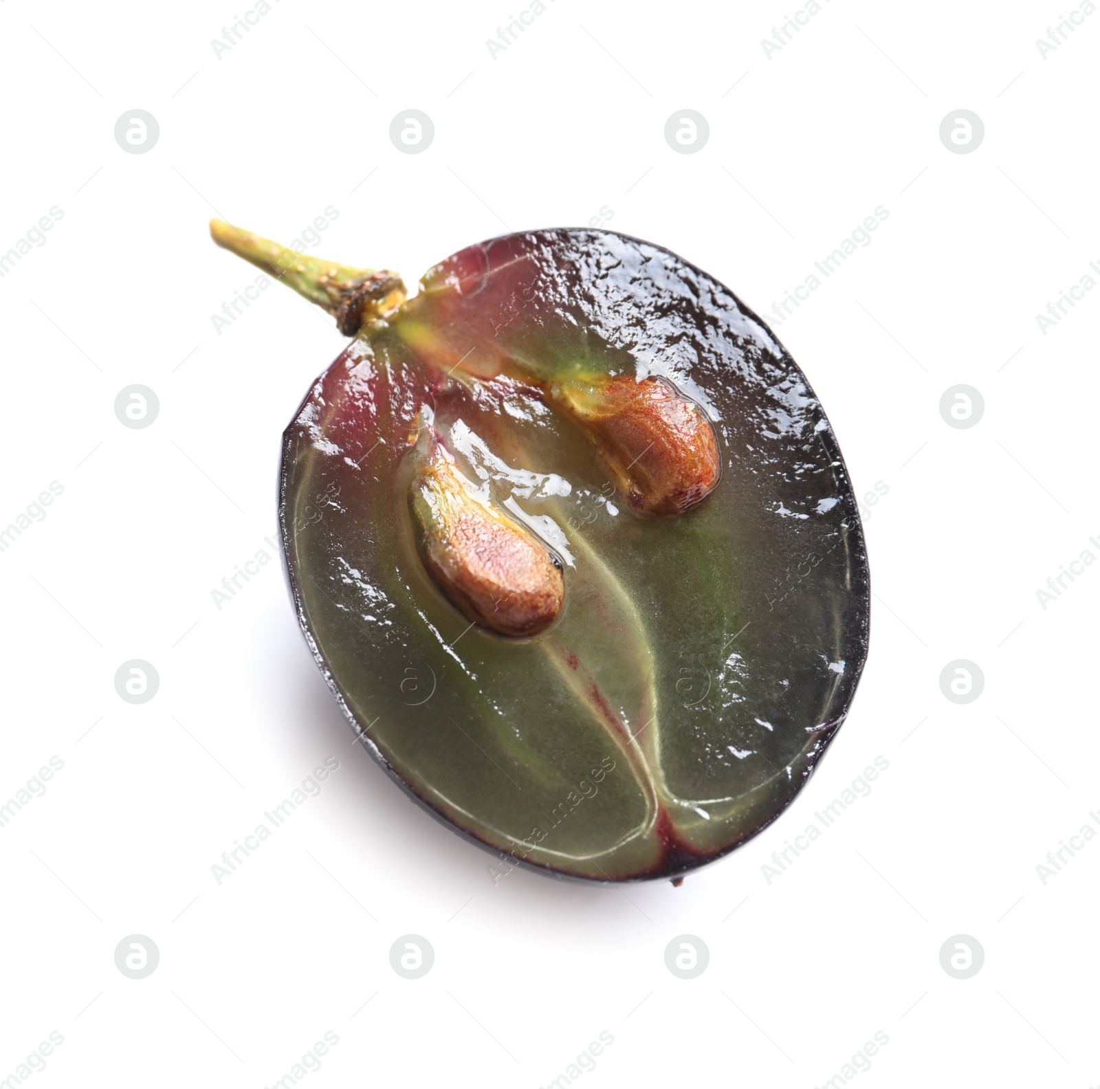 Photo of Cut fresh ripe juicy grape with seeds on white background