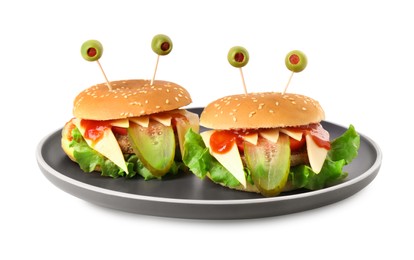 Photo of Cute monster burgers isolated on white. Halloween party food