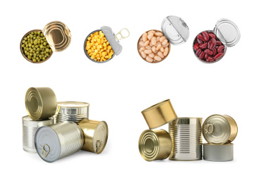 Set of different canned food on white background