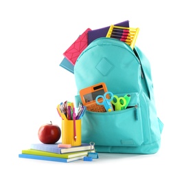 Stylish backpack with different school stationary and apple on white background