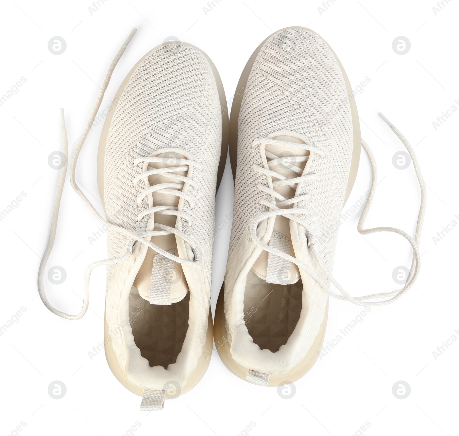 Photo of Pair of stylish shoes with laces on white background, top view
