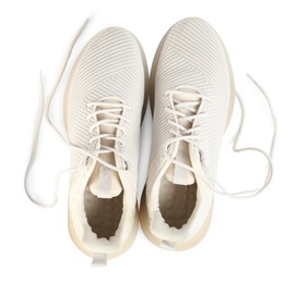 Pair of stylish shoes with laces on white background, top view
