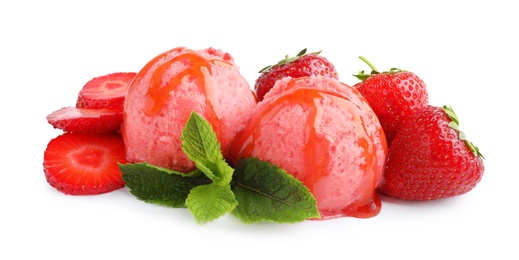 Photo of Scoops of delicious strawberry ice cream with mint, syrup and fresh berries on white background