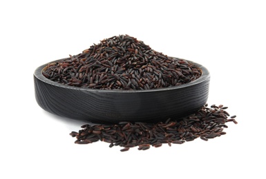 Photo of Plate with uncooked black rice on white background