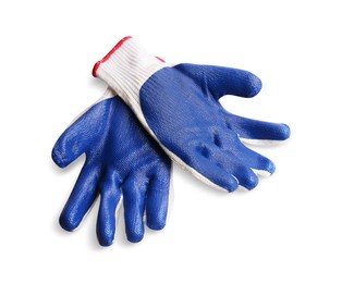 Photo of Pair of gardening gloves on white background, top view