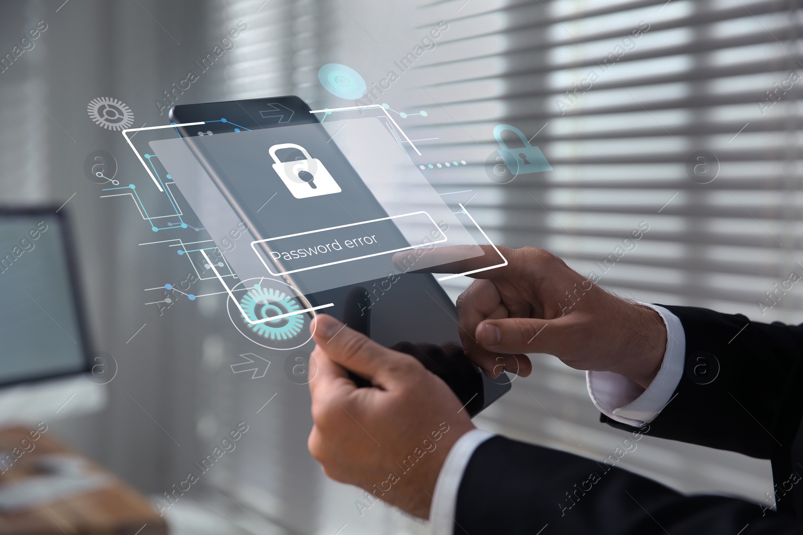 Image of Privacy protection. Man using tablet in office, closeup. Digital login interface with incorrect password over device