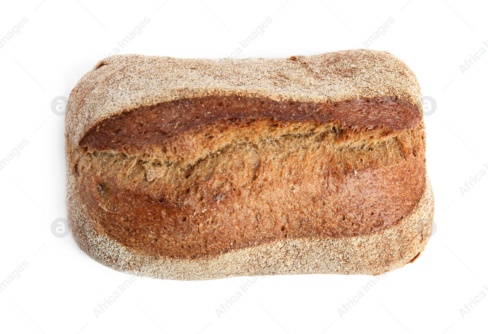 Photo of Loaf of fresh bread on white background, top view