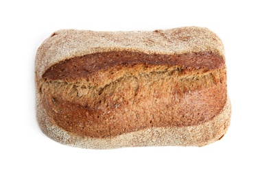 Photo of Loaf of fresh bread on white background, top view