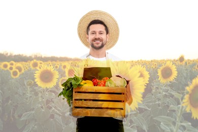 Double exposure of happy farmer and sunflower field