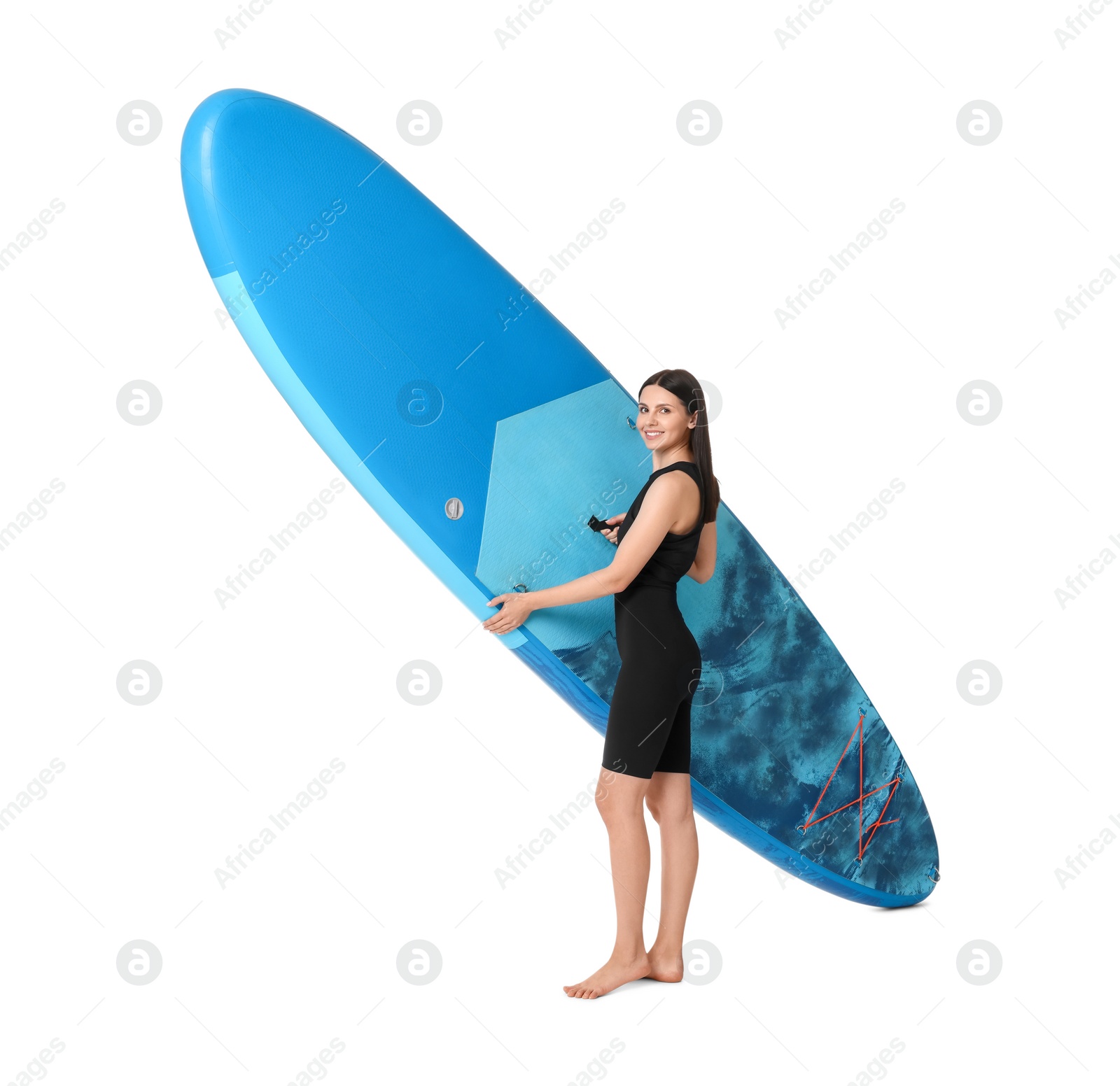 Photo of Happy woman with blue SUP board on white background