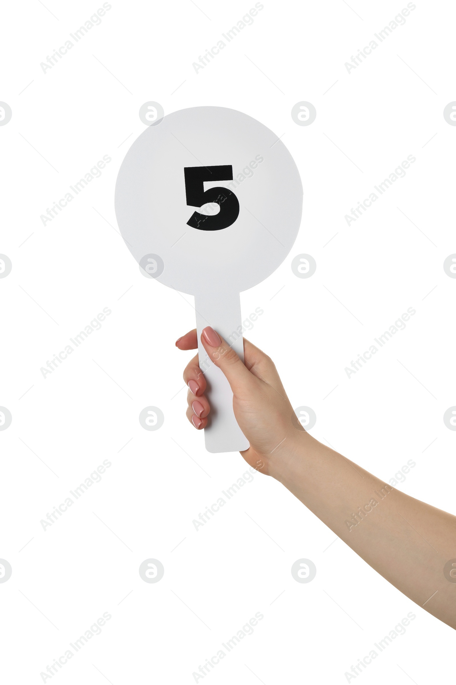 Photo of Woman holding auction paddle with number 5 on white background, closeup