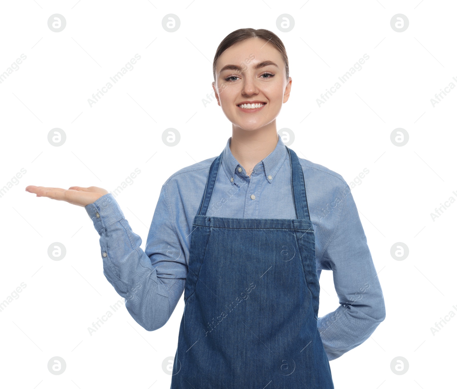 Photo of Beautiful young woman in clean denim apron on white background