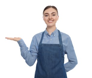 Photo of Beautiful young woman in clean denim apron on white background