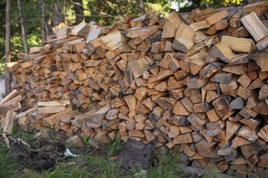Photo of Stack of cut firewood on green grass outdoors. Heating in winter