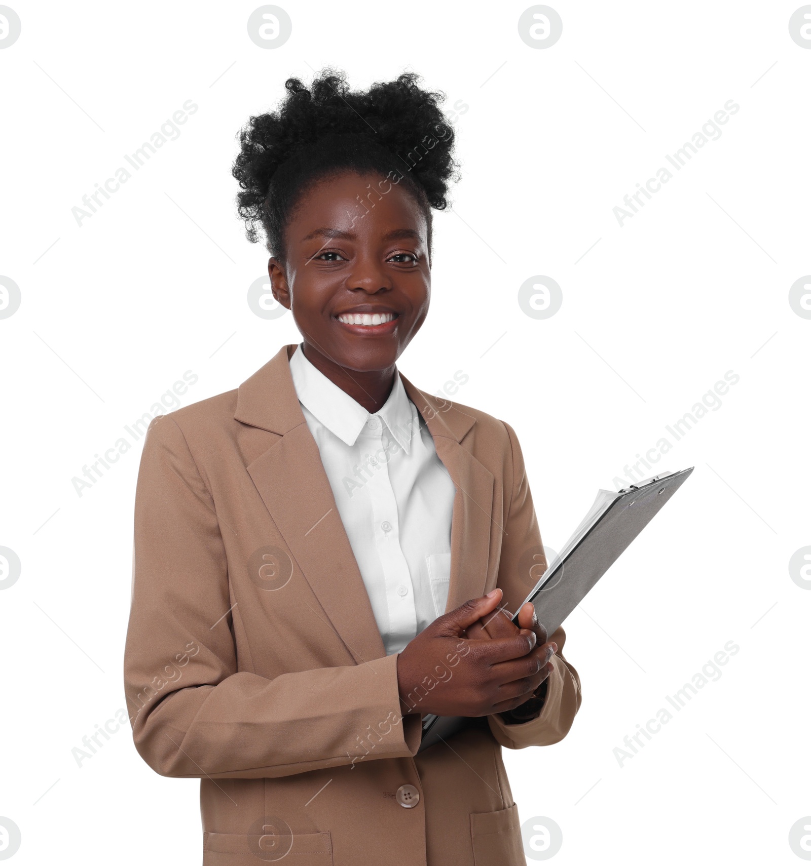 Photo of Portrait of happy woman with clipboard on white background. Lawyer, businesswoman, accountant or manager