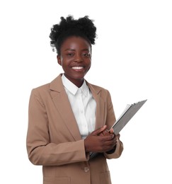 Portrait of happy woman with clipboard on white background. Lawyer, businesswoman, accountant or manager