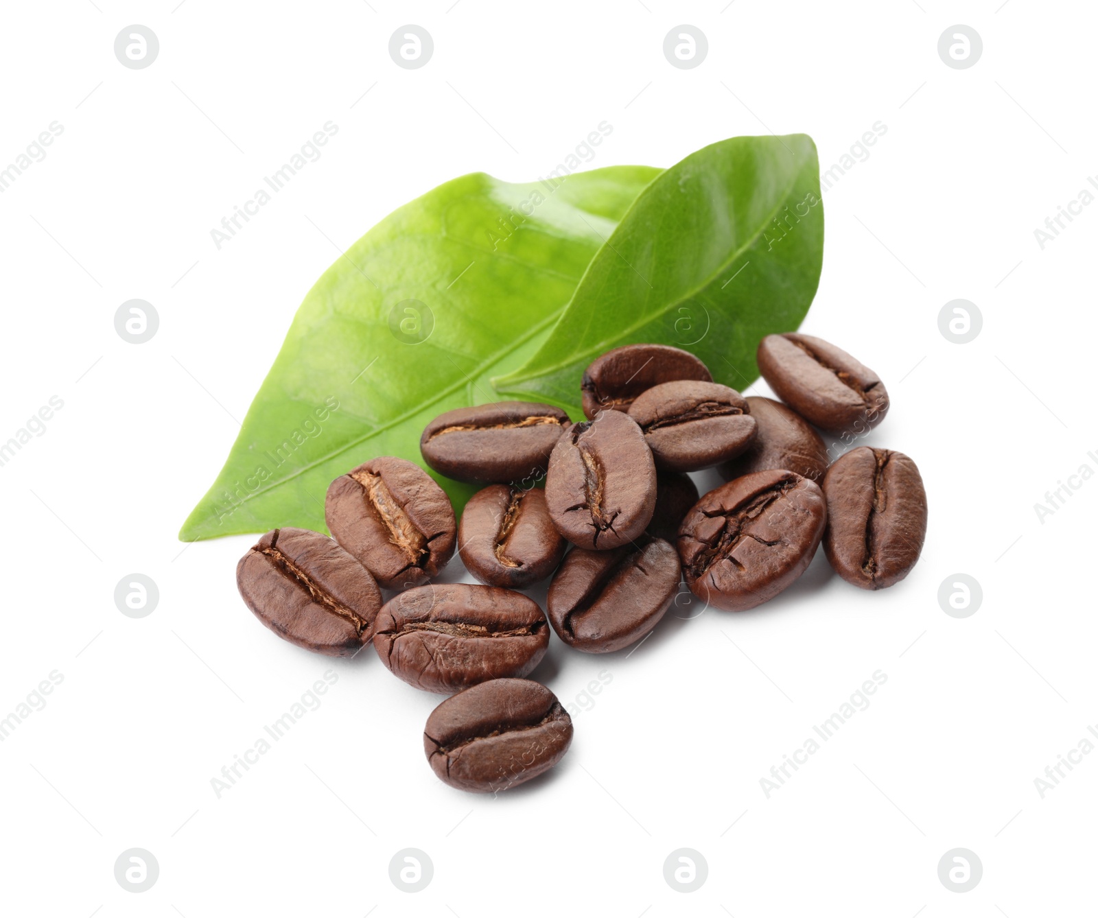 Photo of Roasted coffee beans and leaves isolated on white