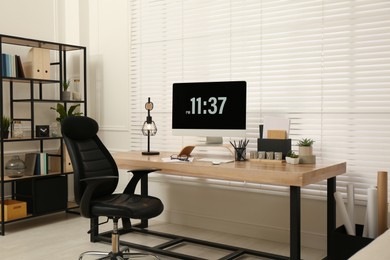 Home office interior with comfortable workplace near window