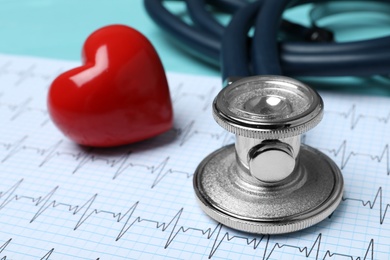 Stethoscope with red heart and cardiogram, closeup