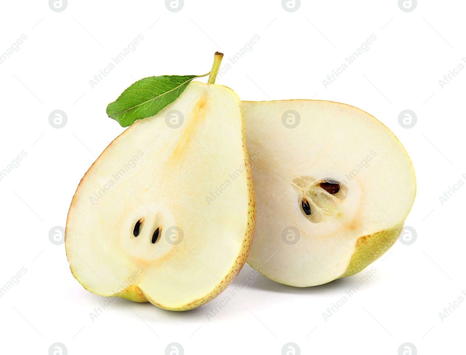 Photo of Halves of ripe juicy pears isolated on white