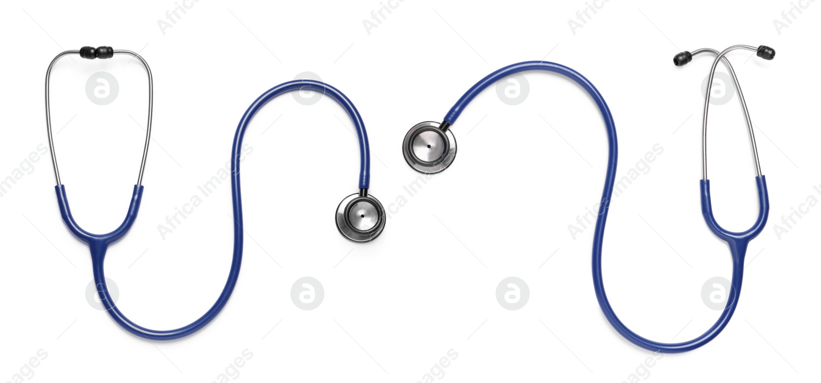 Image of Stethoscopes on white background, top view. Banner design