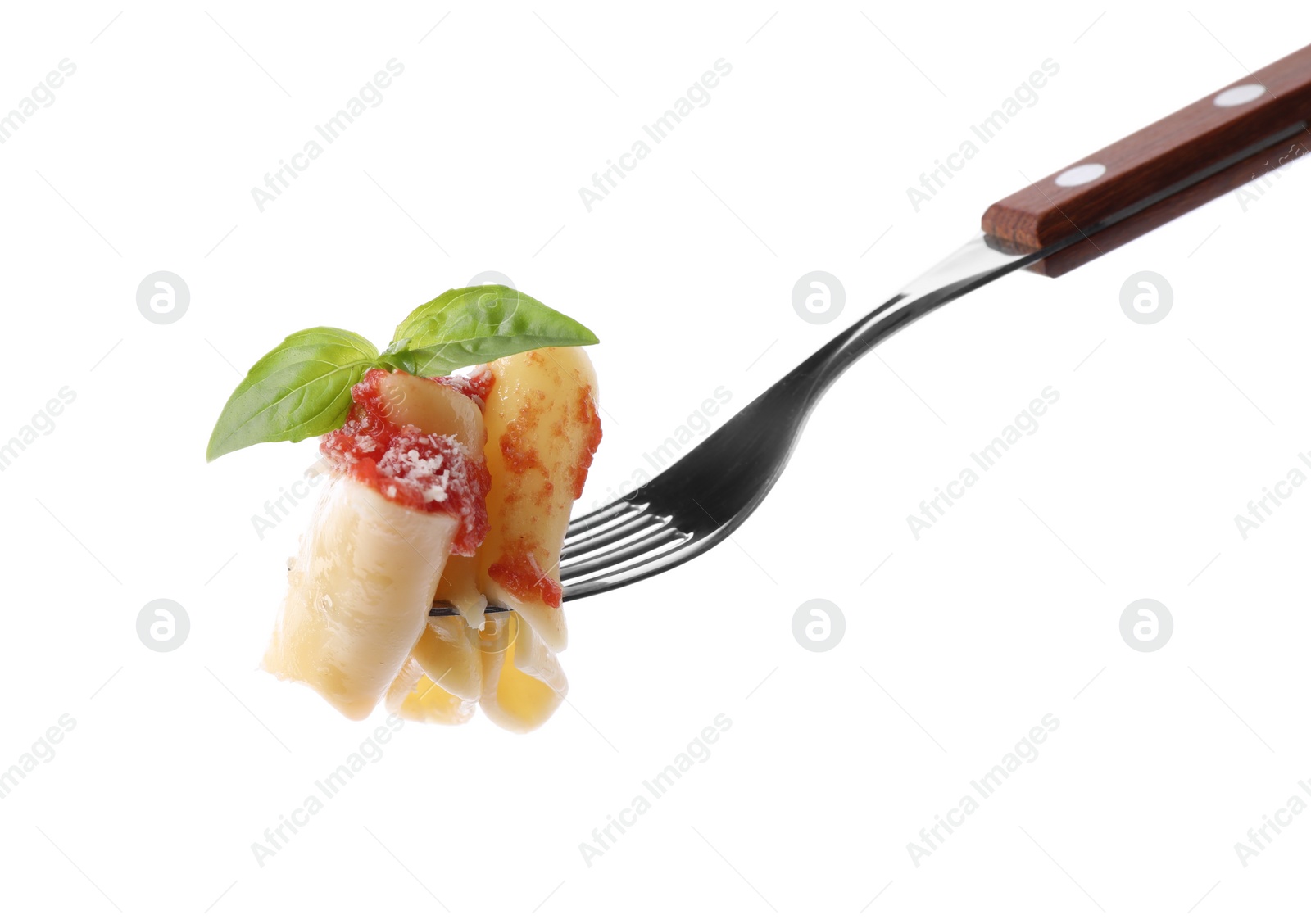 Photo of Delicious maltagliati pasta with tomato sauce on fork against white background