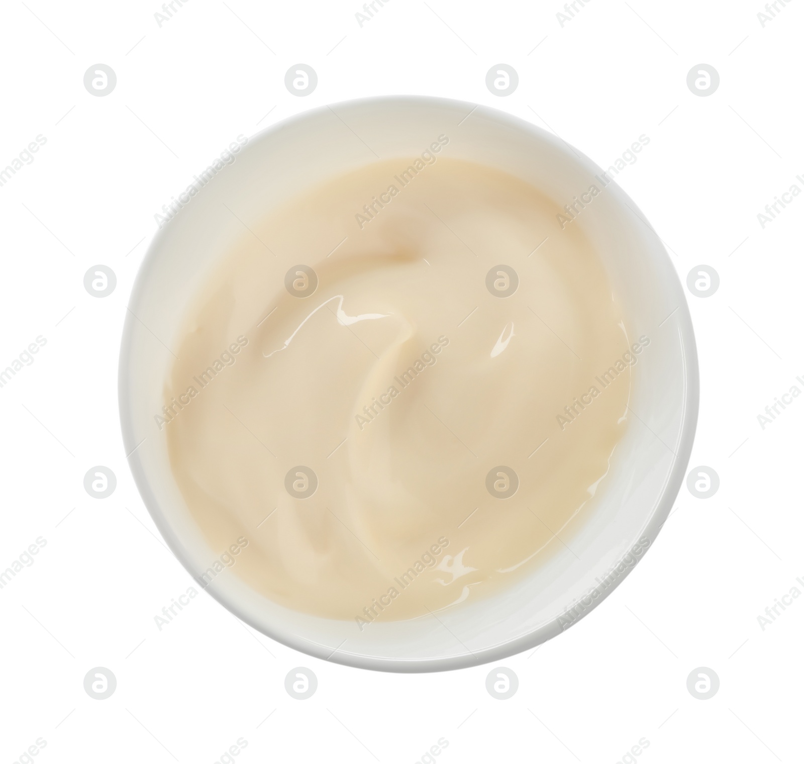 Photo of Mayonnaise in ceramic bowl isolated on white, top view