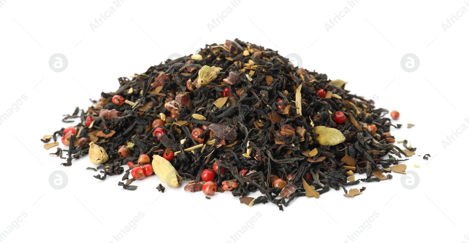 Photo of Pile of aromatic herbal tea isolated on white